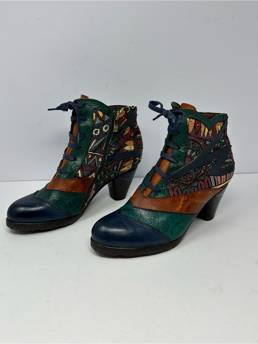 Socofy Women's Size EU 38 US 7.5 Multicolor Boho Stitching Leather Ankle Boots
